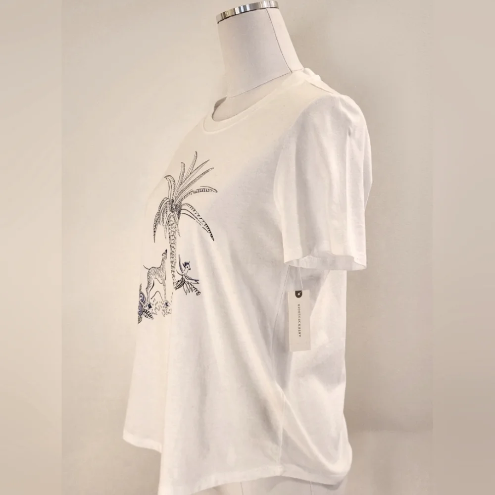 NWT || ANTHROPOLOGIE || Zebra Palm Tree graphic T, white/blue, sz S - Picture 4 of 7